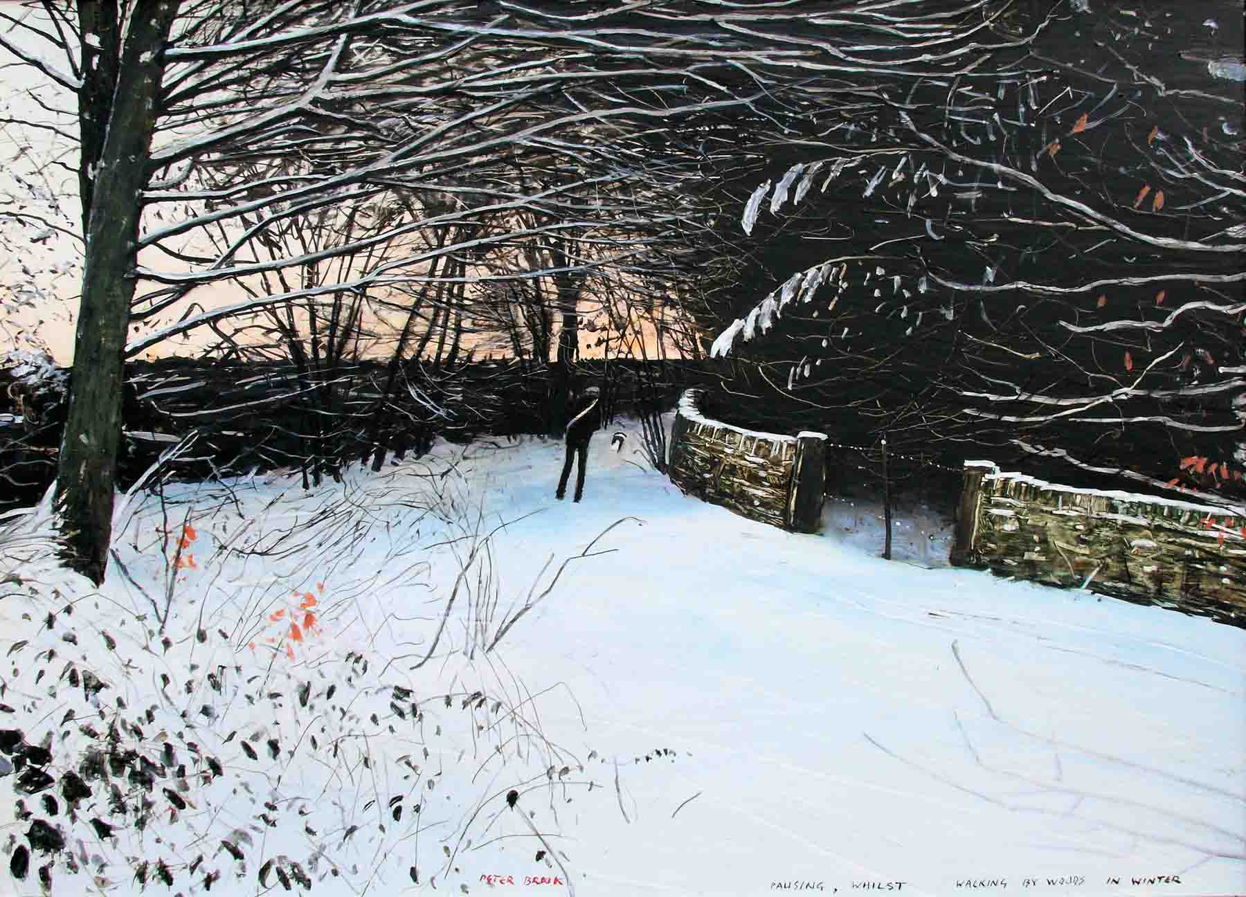 Pausing Whilst Walking In The Woods by Peter Brook, Northern | Nostalgic | Dog | Snow | Naive | Figurative