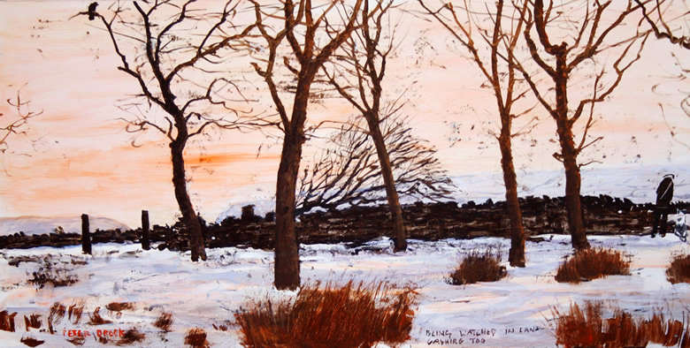 Being Watched In Lancashire Too by Peter Brook, Figurative | Naive | Northern | Nostalgic | Snow