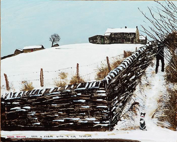 Near A Farm With A Dog Thinking by Peter Brook, Figurative | Naive | Northern | Nostalgic | Snow | Dog