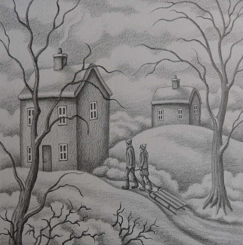 Snowbound (drawing) by Paul Horton, Nostalgic | Love | Romance | Couple | Snow