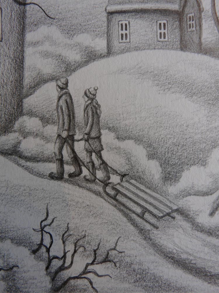Snowbound (drawing) by Paul Horton, Nostalgic | Love | Romance | Couple | Snow