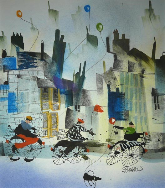 Three Cyclists and a Dog by Sue Howells, Dog | Bicycle | Children | Figurative | Landscape