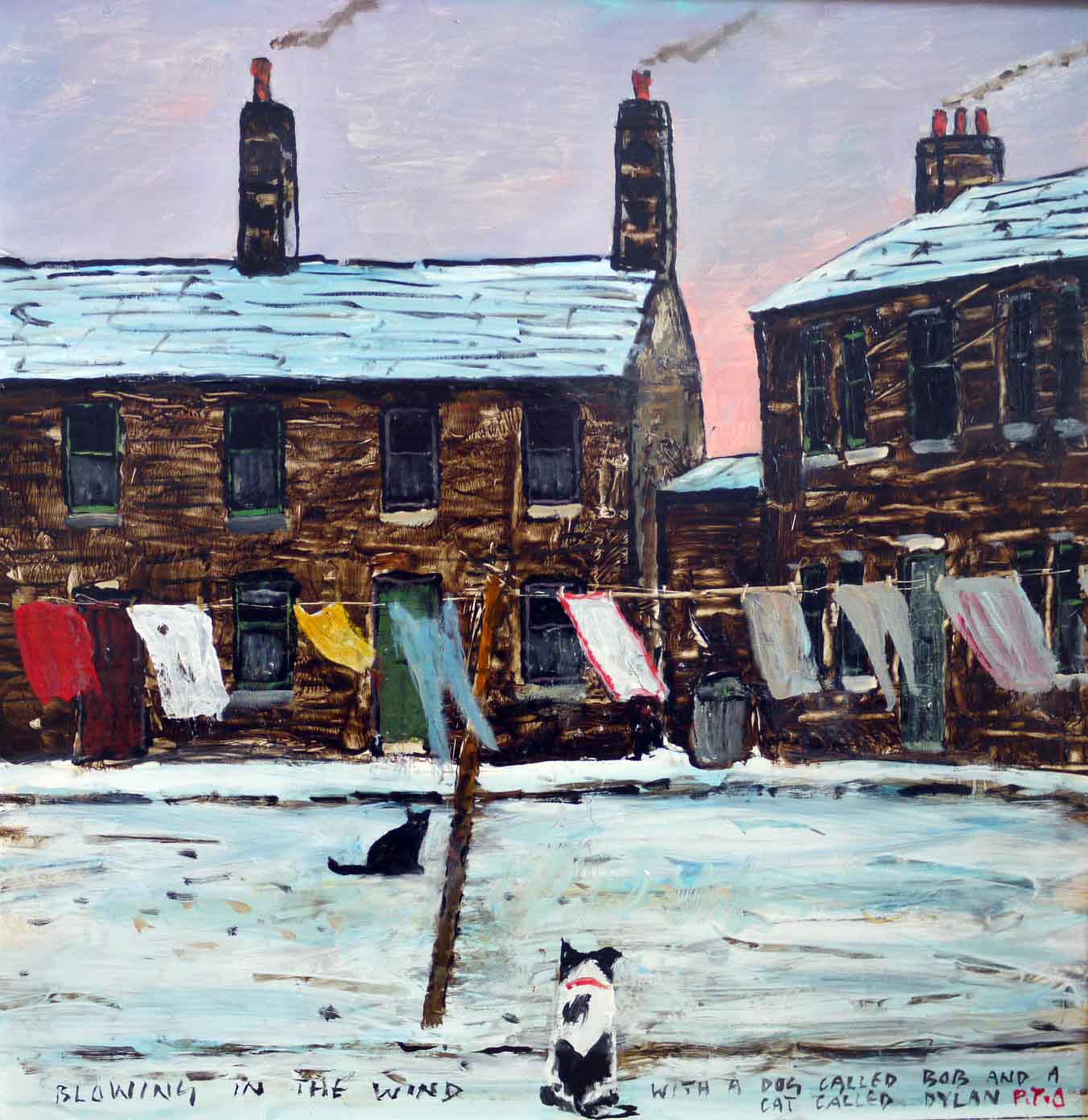 Blowing In The Wind by Peter Brook, Figurative | Naive | Northern | Nostalgic | Snow | Dog | Cat