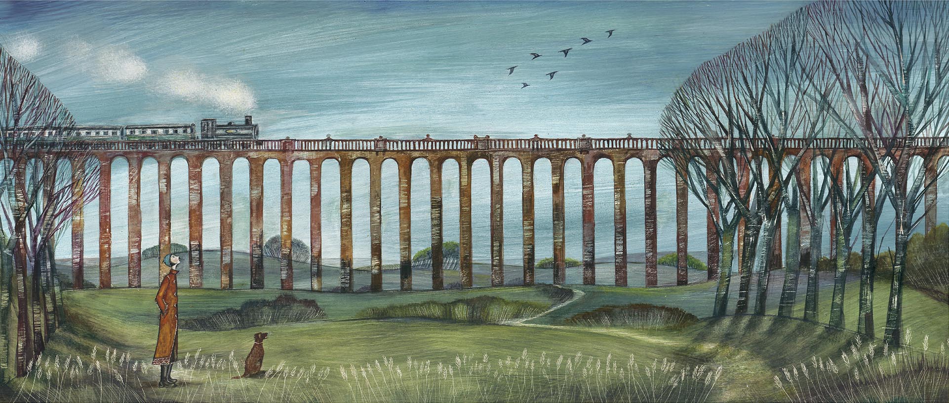 Viaduct Walk by Joe Ramm, Landscape | Figurative | Dog | Train | Transport