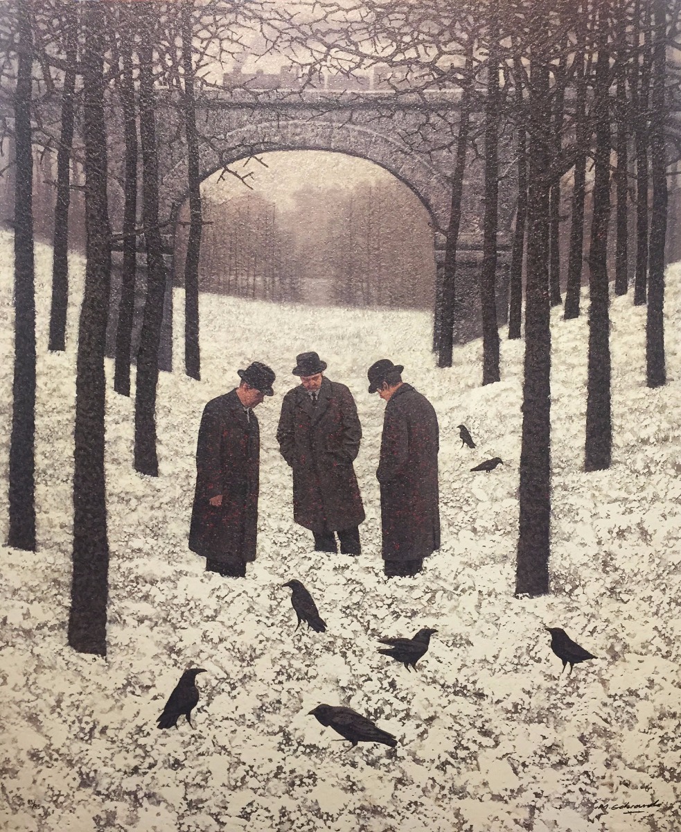 Under the Bridge by Mark Edwards, Snow | Figurative | Bird | Train | Transport | Landscape | Rare